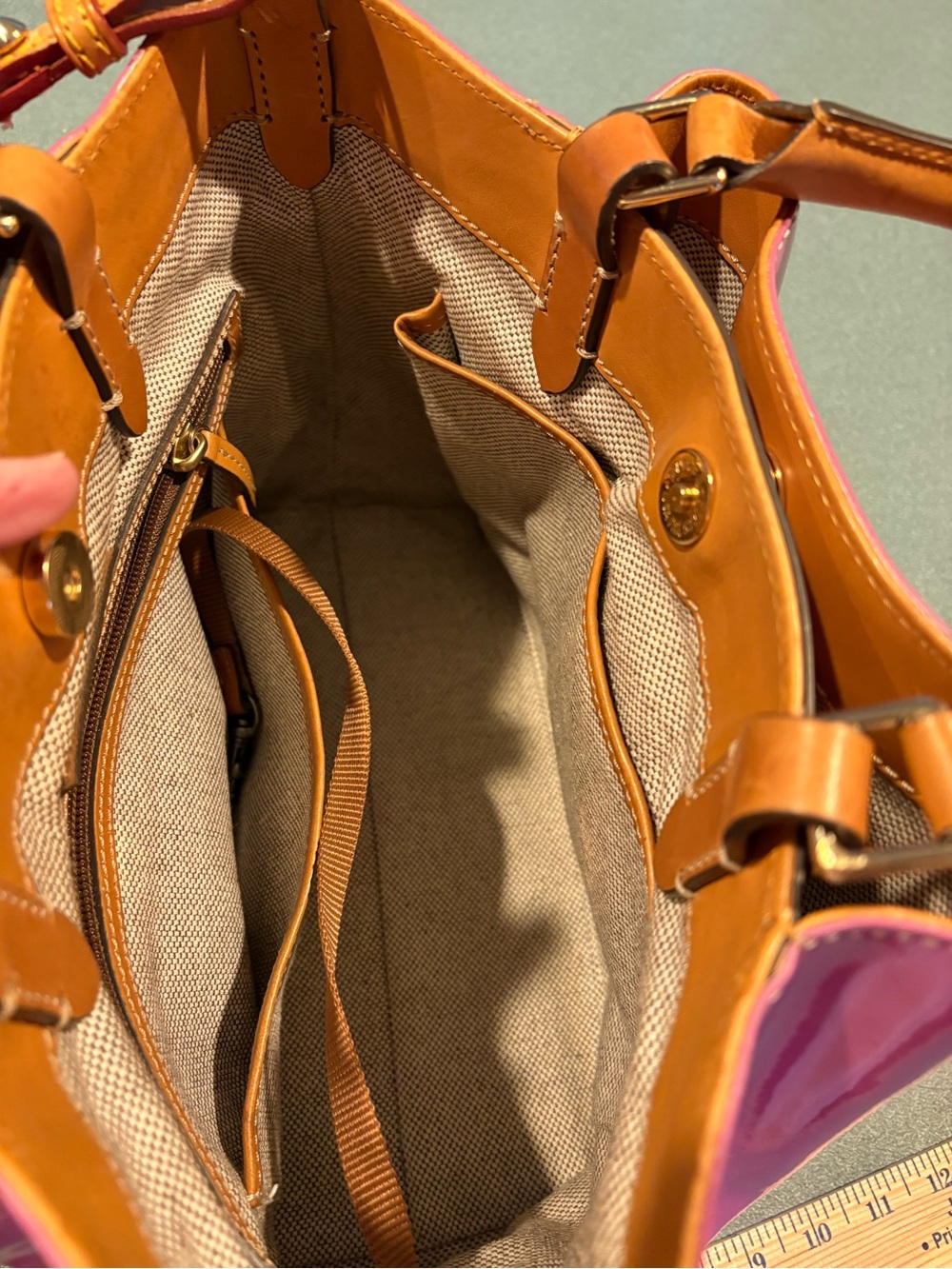 Dooney & Bourke Hot Pink Patent Satchel with Tan Trim - Picture 10 of 13